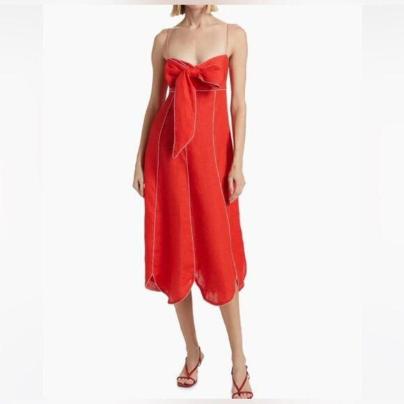 Farm Rio Bow Scalloped Linen Midi Dress, MED NWT - Picture 8 of 11